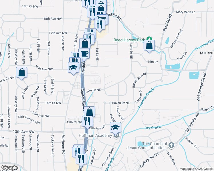 map of restaurants, bars, coffee shops, grocery stores, and more near 1705 Lake Park Circle in Center Point