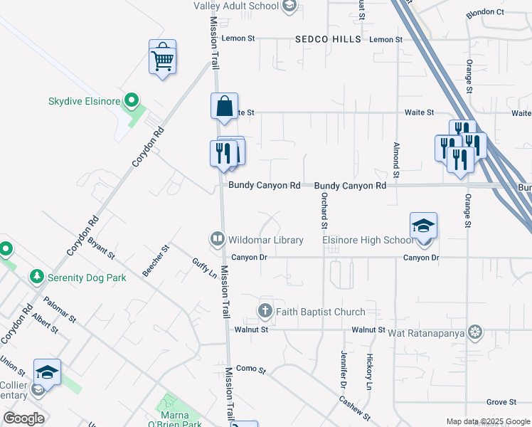 map of restaurants, bars, coffee shops, grocery stores, and more near 34213 Clovis Way in Wildomar