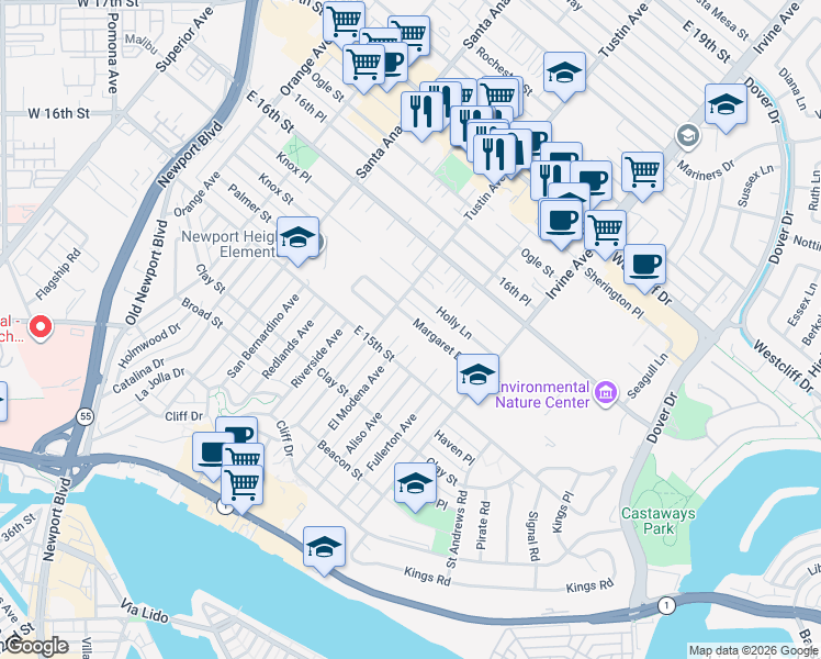 map of restaurants, bars, coffee shops, grocery stores, and more near 2501 Margaret Drive in Newport Beach