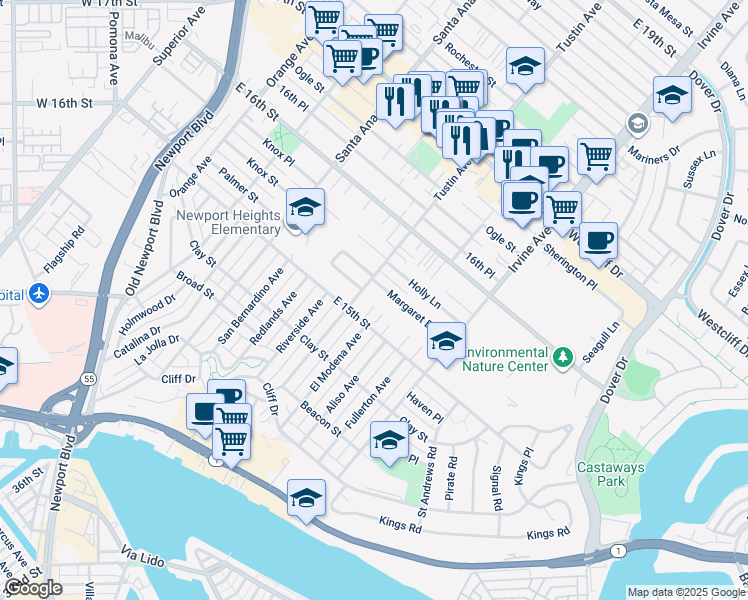map of restaurants, bars, coffee shops, grocery stores, and more near 621 Gary Place in Newport Beach