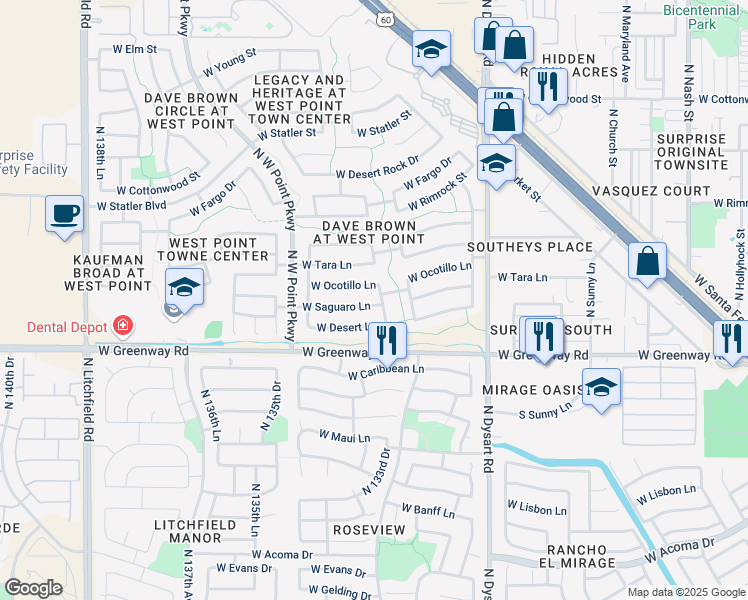 map of restaurants, bars, coffee shops, grocery stores, and more near 13330 West Saguaro Lane in Surprise