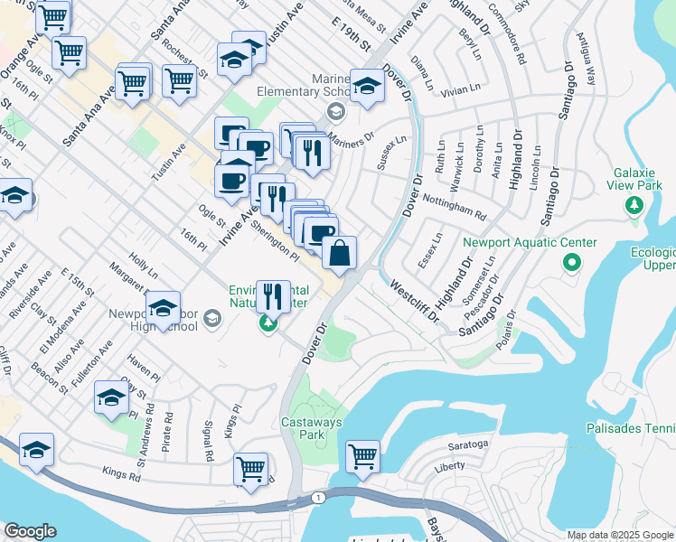 map of restaurants, bars, coffee shops, grocery stores, and more near 1506 Westcliff Drive in Newport Beach