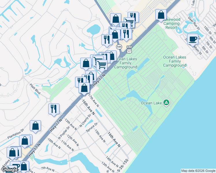 map of restaurants, bars, coffee shops, grocery stores, and more near 156 Hickory Lane in Myrtle Beach