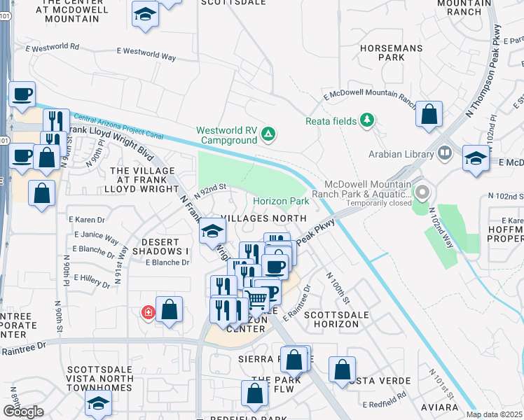 map of restaurants, bars, coffee shops, grocery stores, and more near 15252 North 100th Street in Scottsdale