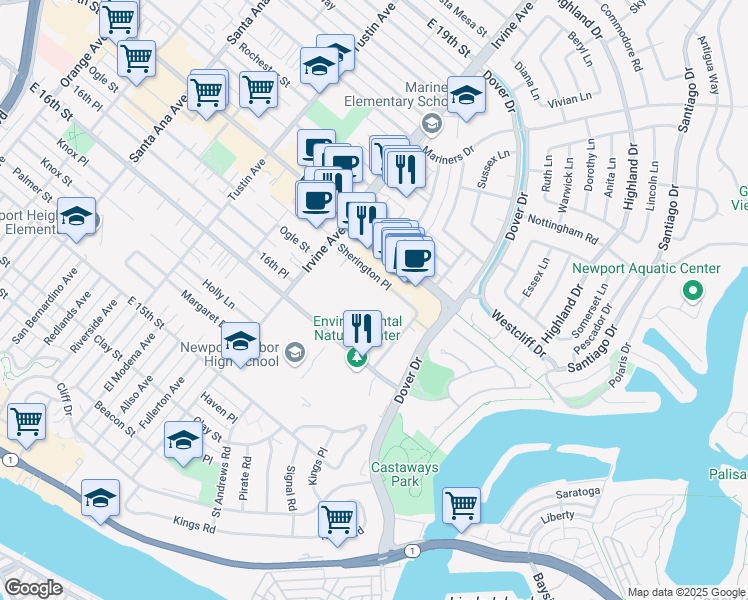 map of restaurants, bars, coffee shops, grocery stores, and more near 1875 Sherington Place in Newport Beach