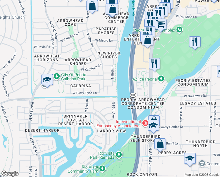 map of restaurants, bars, coffee shops, grocery stores, and more near 15441 N 86th Ln in Peoria