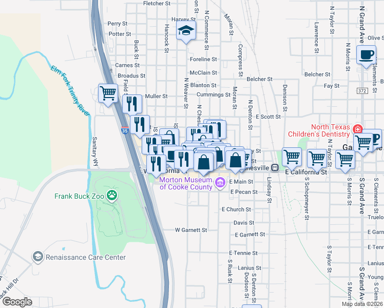 map of restaurants, bars, coffee shops, grocery stores, and more near 316 West Broadway Street in Gainesville
