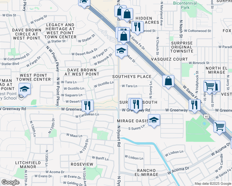 map of restaurants, bars, coffee shops, grocery stores, and more near 15601 North Gil Balcome Court in Surprise