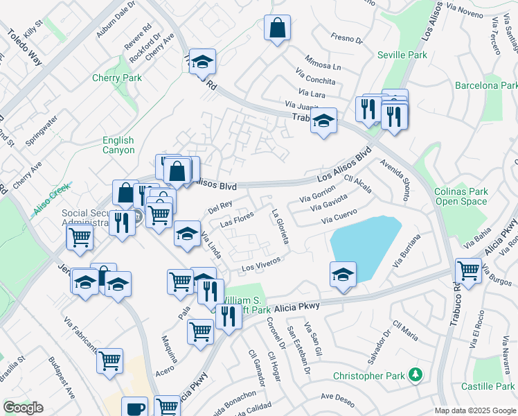map of restaurants, bars, coffee shops, grocery stores, and more near in Las Flores
