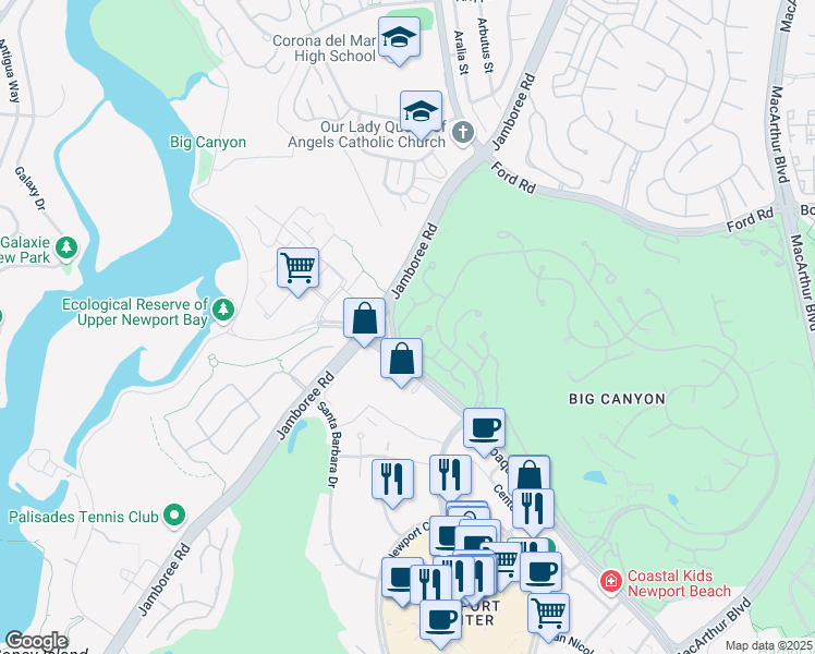 map of restaurants, bars, coffee shops, grocery stores, and more near 32 Rue Fontainbleau in Newport Beach