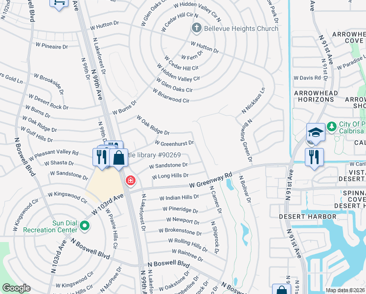 map of restaurants, bars, coffee shops, grocery stores, and more near 9525 West Greenhurst Drive in Sun City