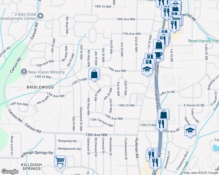 map of restaurants, bars, coffee shops, grocery stores, and more near 1460 4th St NW in Center Point
