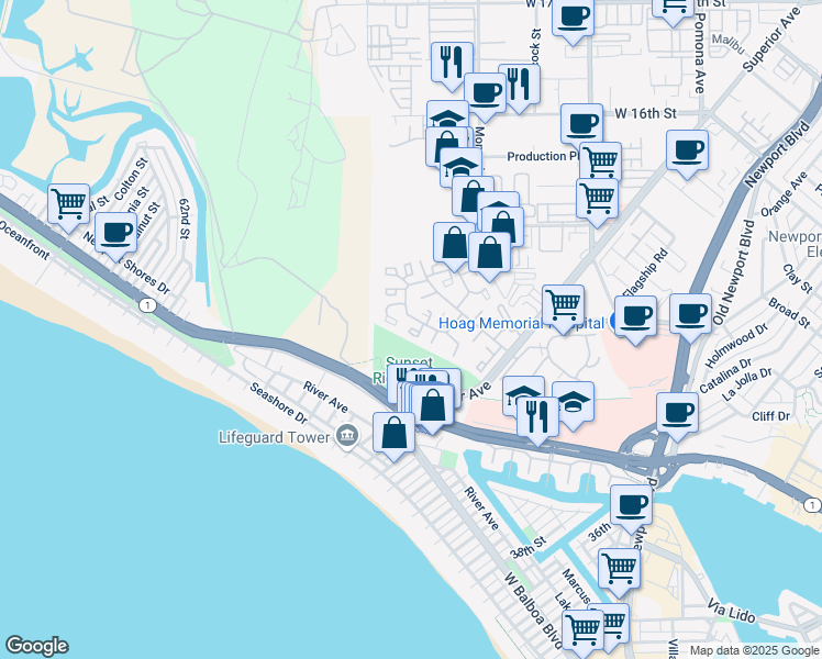 map of restaurants, bars, coffee shops, grocery stores, and more near 17 Land Fall Court in Newport Beach