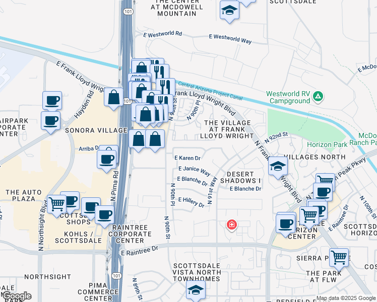 map of restaurants, bars, coffee shops, grocery stores, and more near 9047 East Caribbean Lane in Scottsdale