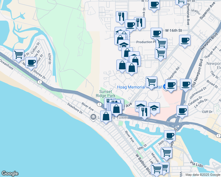 map of restaurants, bars, coffee shops, grocery stores, and more near 8 Ima Loa Court in Newport Beach