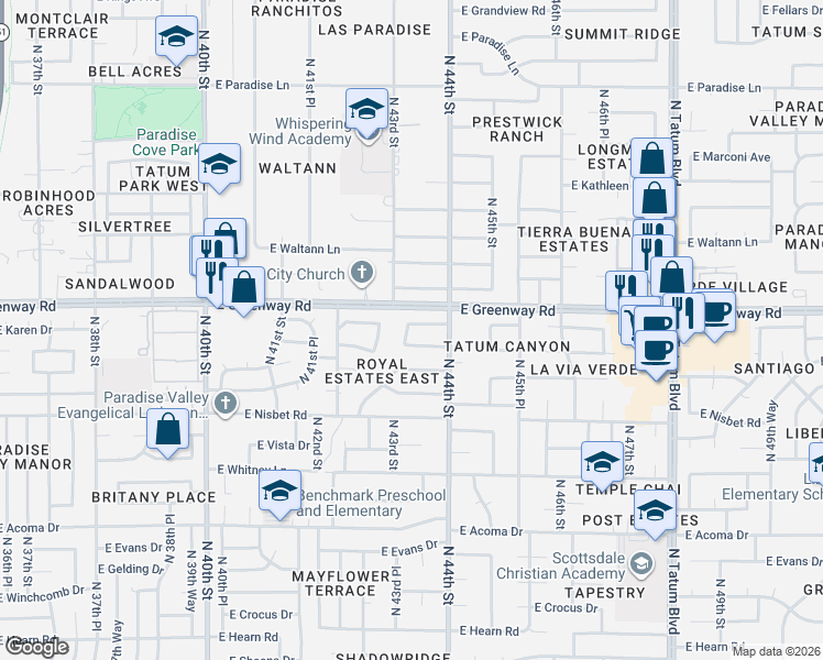 map of restaurants, bars, coffee shops, grocery stores, and more near 15230 North 43rd Street in Phoenix