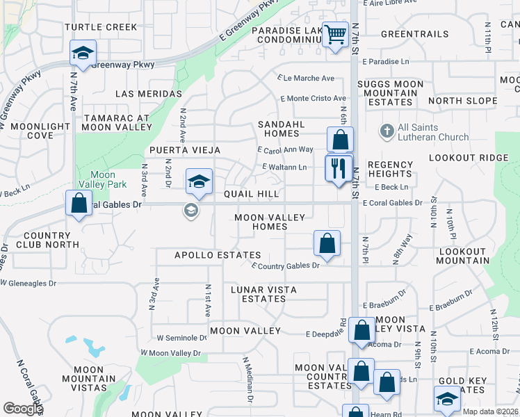map of restaurants, bars, coffee shops, grocery stores, and more near 225 East Coral Gables Drive in Phoenix