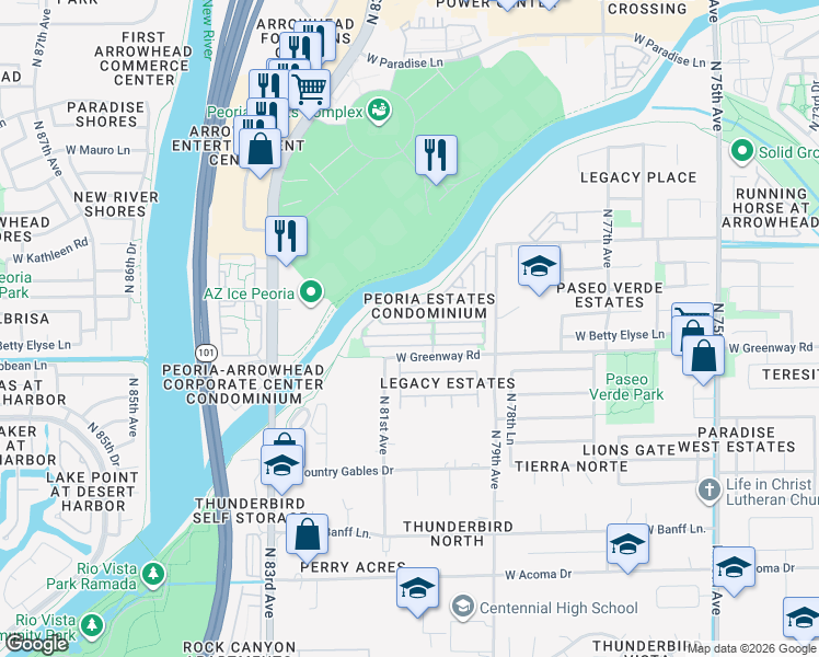 map of restaurants, bars, coffee shops, grocery stores, and more near 8045 West Mary Jane Lane in Peoria