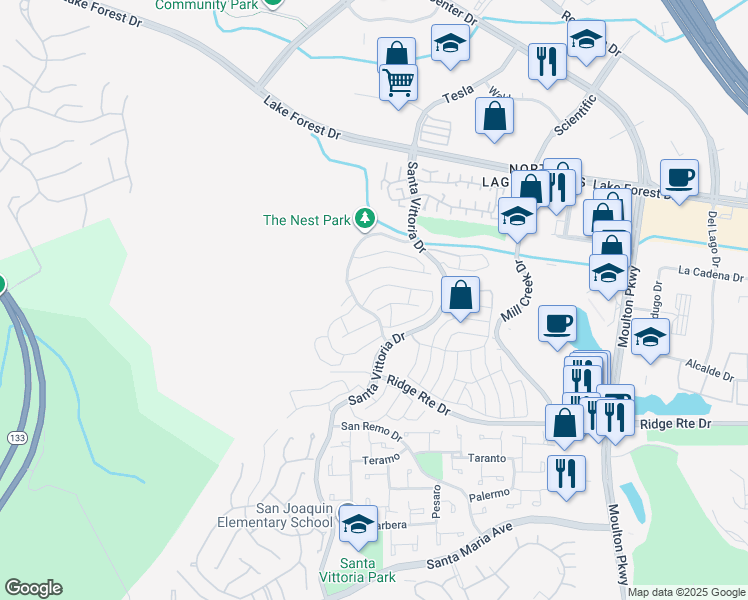 map of restaurants, bars, coffee shops, grocery stores, and more near 22281 Caminito Danubo in Laguna Hills