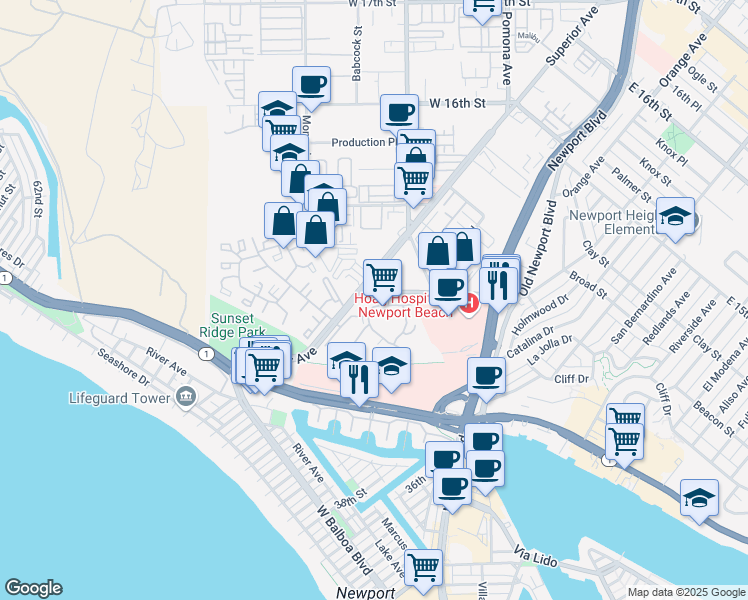map of restaurants, bars, coffee shops, grocery stores, and more near 260 Cagney Lane in Newport Beach