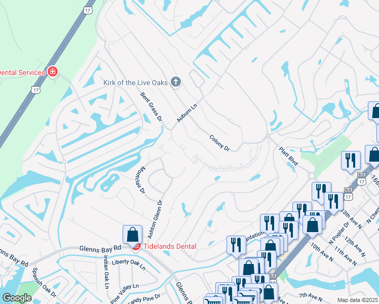 map of restaurants, bars, coffee shops, grocery stores, and more near 1870 Auburn Lane in Myrtle Beach