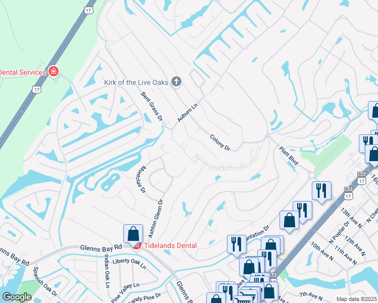map of restaurants, bars, coffee shops, grocery stores, and more near 1870 Auburn Lane in Myrtle Beach