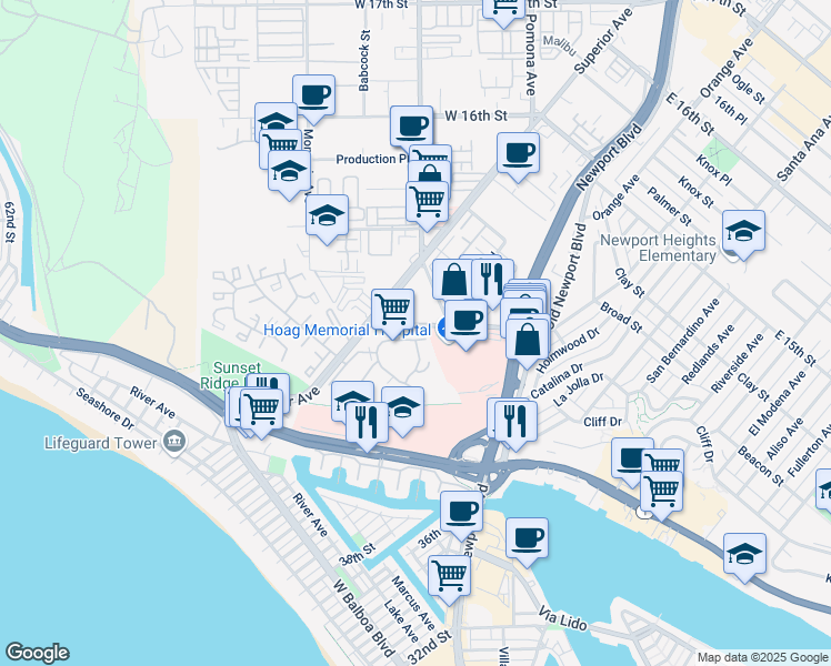 map of restaurants, bars, coffee shops, grocery stores, and more near 200 McNeil Lane in Newport Beach