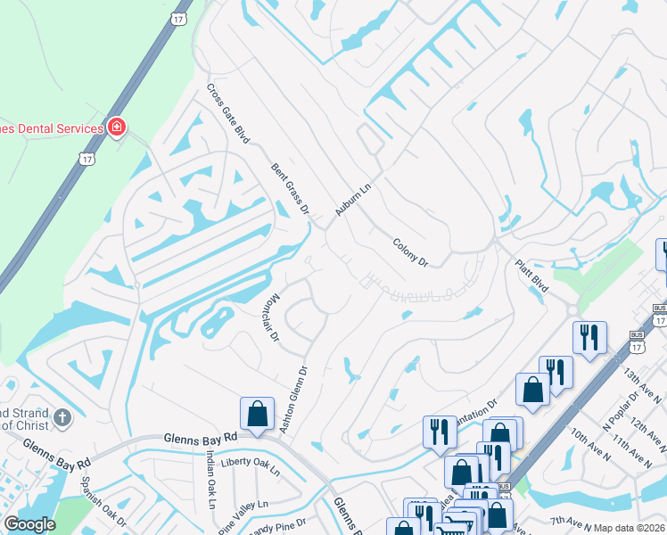 map of restaurants, bars, coffee shops, grocery stores, and more near 1666 Montclair Drive in Surfside Beach