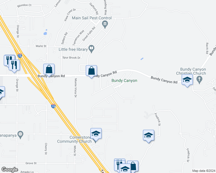 map of restaurants, bars, coffee shops, grocery stores, and more near 22748 Valley Vista Circle in Wildomar