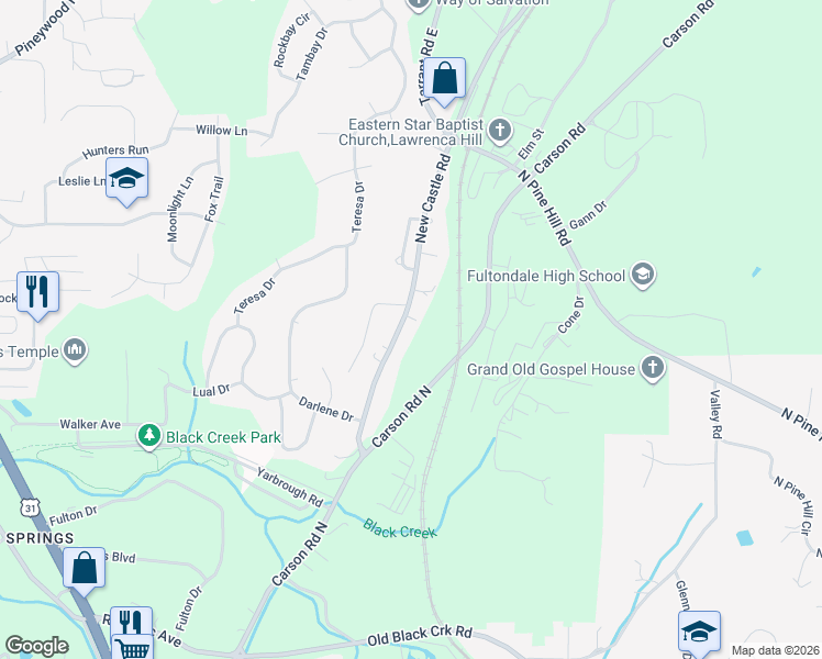 map of restaurants, bars, coffee shops, grocery stores, and more near 3005 New Castle Road in Birmingham