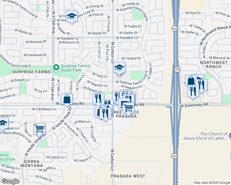 map of restaurants, bars, coffee shops, grocery stores, and more near 15434 North 170th Lane in Surprise
