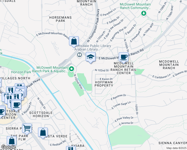 map of restaurants, bars, coffee shops, grocery stores, and more near 15344 North 102nd Street in Scottsdale