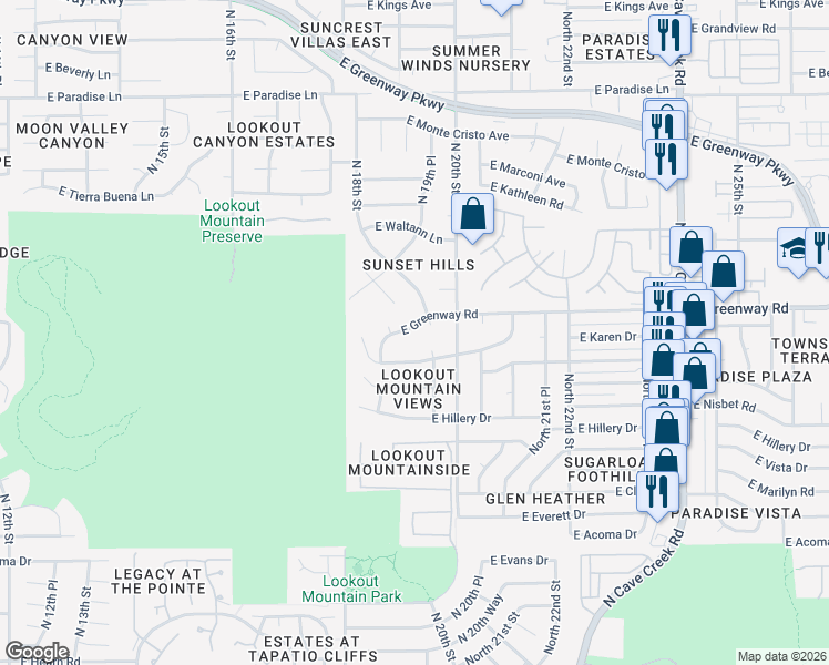 map of restaurants, bars, coffee shops, grocery stores, and more near 1955 East Greenway Road in Phoenix