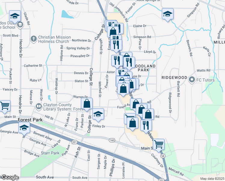 map of restaurants, bars, coffee shops, grocery stores, and more near 4685 Courtney Drive in Forest Park
