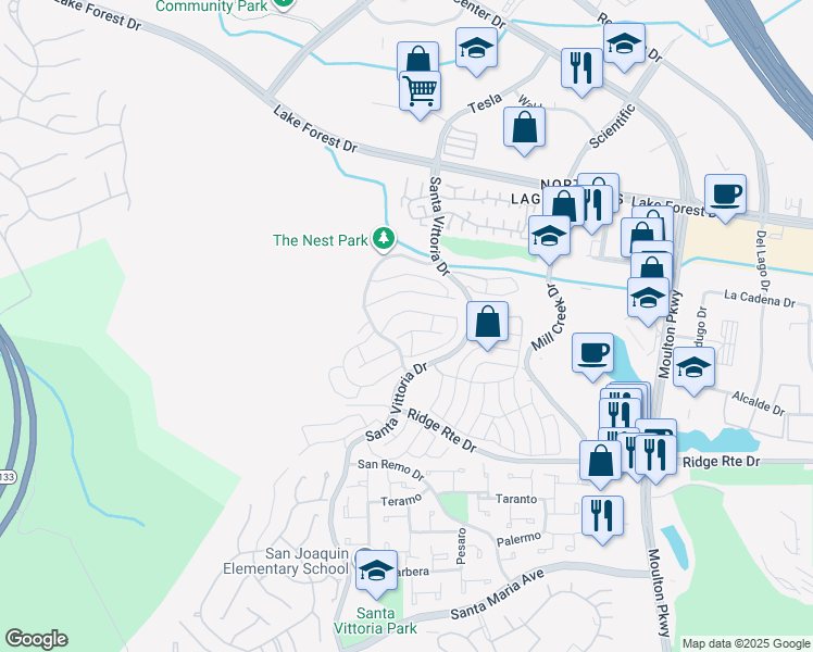 map of restaurants, bars, coffee shops, grocery stores, and more near 22281 Caminito Danubo in Laguna Hills
