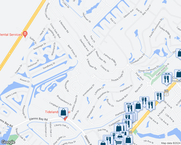 map of restaurants, bars, coffee shops, grocery stores, and more near 1860 Auburn Lane in Surfside Beach