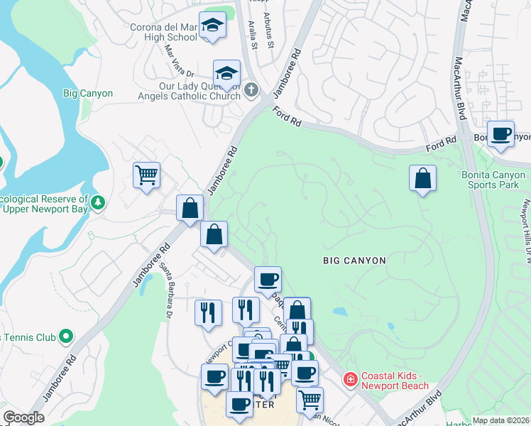 map of restaurants, bars, coffee shops, grocery stores, and more near 12 Rue Chantilly in Newport Beach