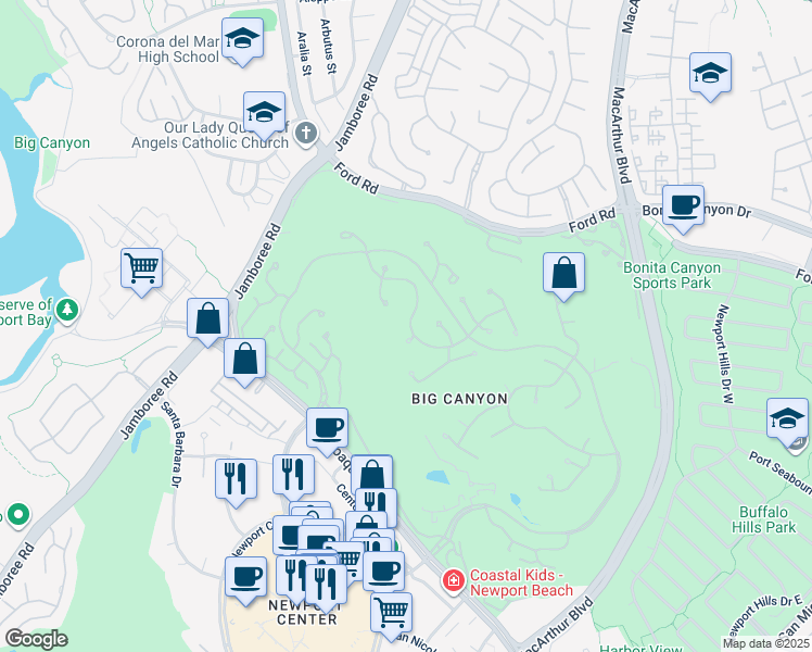 map of restaurants, bars, coffee shops, grocery stores, and more near 23 Burning Tree Road in Newport Beach