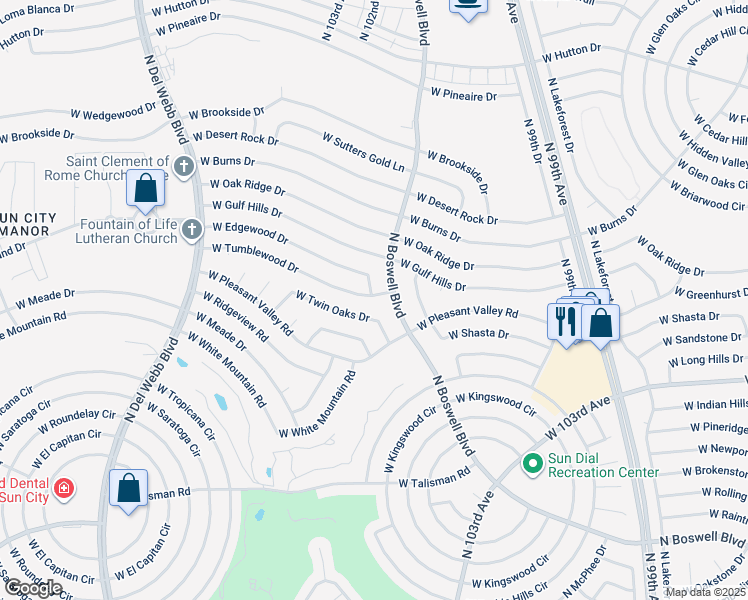 map of restaurants, bars, coffee shops, grocery stores, and more near 10217 West Tumblewood Drive in Sun City