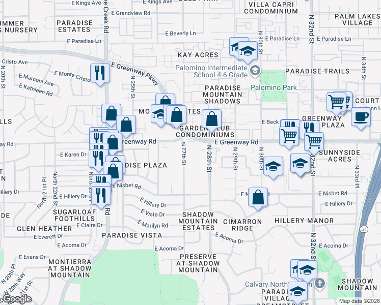 map of restaurants, bars, coffee shops, grocery stores, and more near 15226 North 28th Street in Phoenix