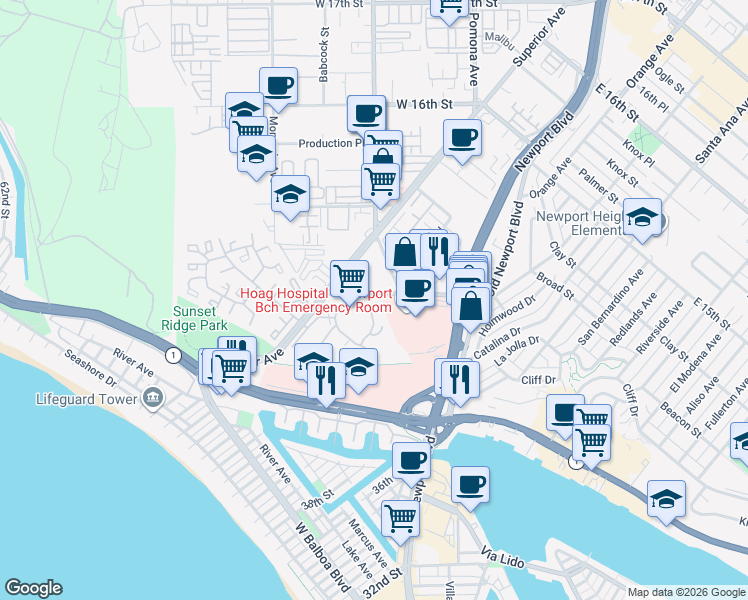 map of restaurants, bars, coffee shops, grocery stores, and more near 215 McNeil Lane in Newport Beach