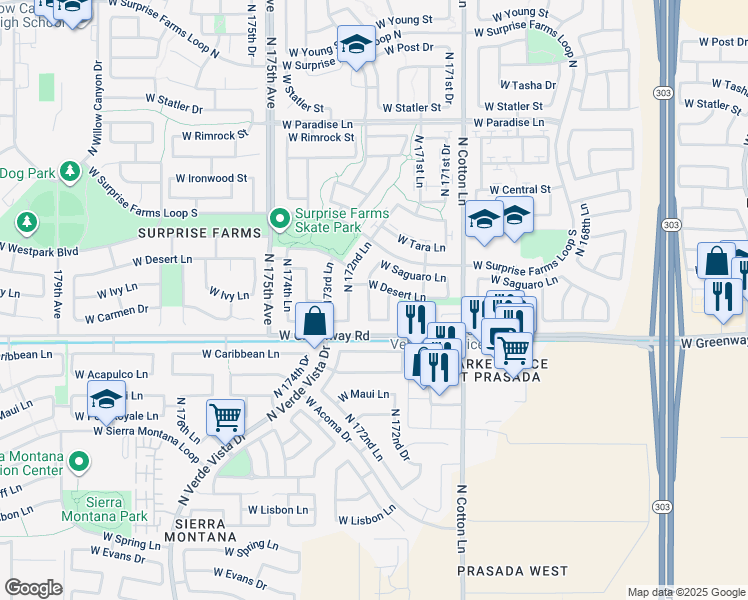 map of restaurants, bars, coffee shops, grocery stores, and more near 15509 North 172nd Drive in Surprise