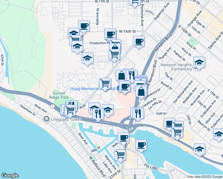 map of restaurants, bars, coffee shops, grocery stores, and more near 200 McNeil Lane in Newport Beach