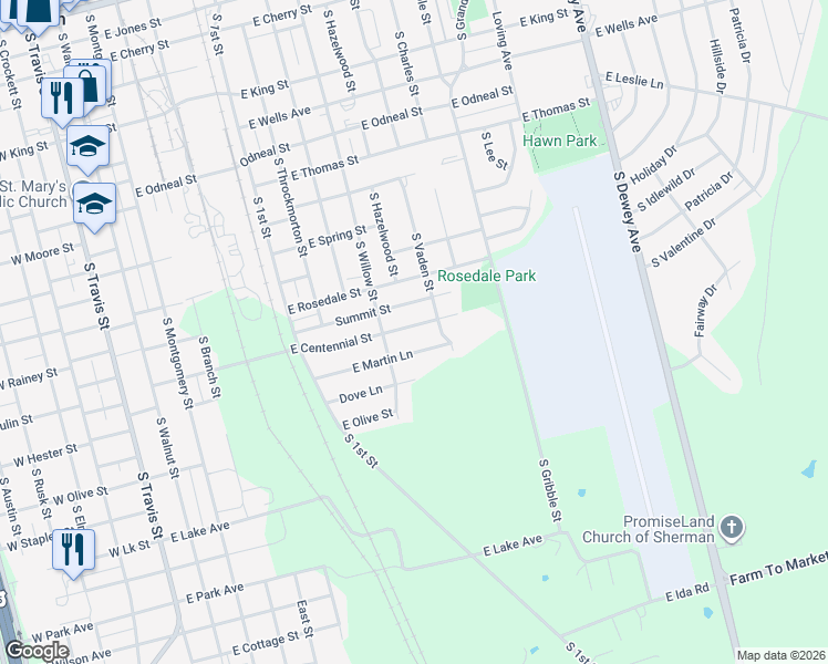 map of restaurants, bars, coffee shops, grocery stores, and more near 1002 E Centennial St in Sherman