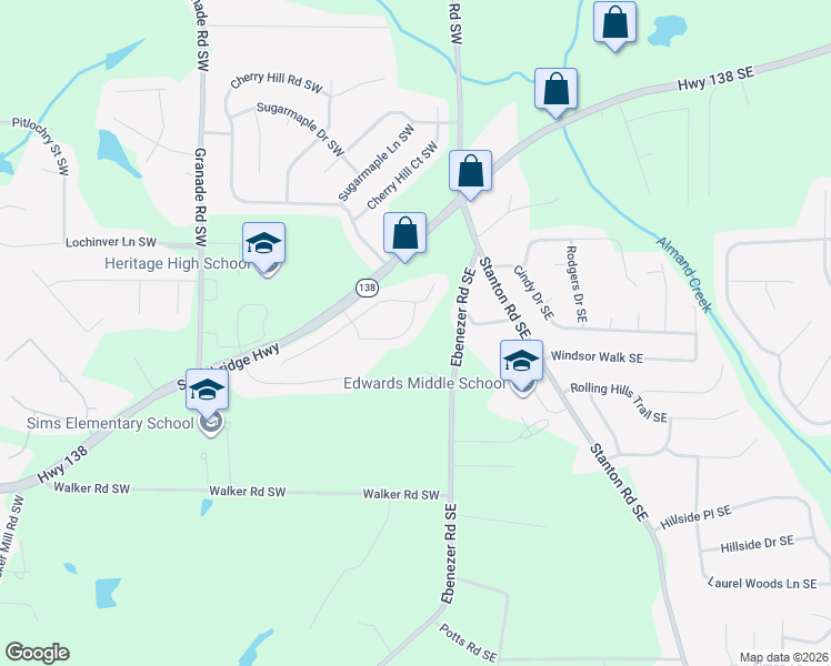 map of restaurants, bars, coffee shops, grocery stores, and more near 192 Old Mill Way Southwest in Conyers
