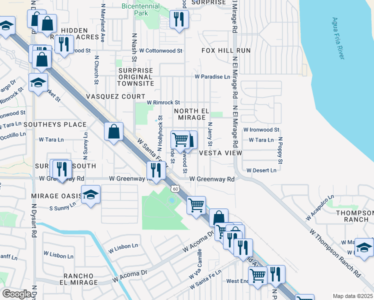map of restaurants, bars, coffee shops, grocery stores, and more near 15601 North Greasewood Street in Surprise