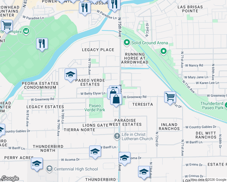 map of restaurants, bars, coffee shops, grocery stores, and more near 7536 West Betty Elyse Lane in Peoria