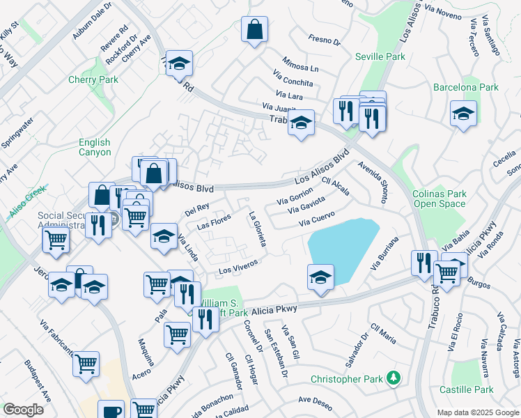map of restaurants, bars, coffee shops, grocery stores, and more near 23201 Vía Mirlo in Mission Viejo