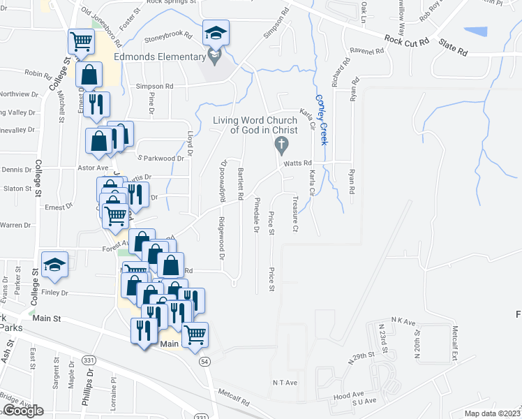 map of restaurants, bars, coffee shops, grocery stores, and more near 4732 Pinedale Drive in Forest Park