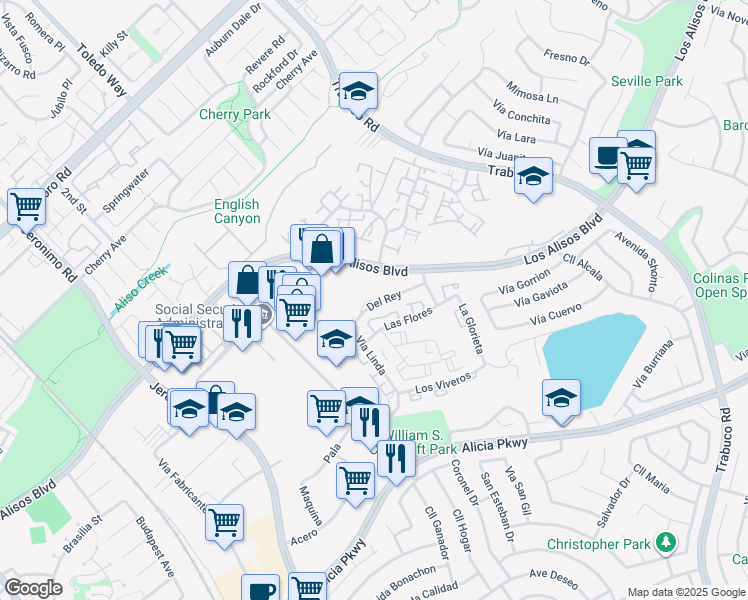 map of restaurants, bars, coffee shops, grocery stores, and more near 26081a Del Rey in Mission Viejo